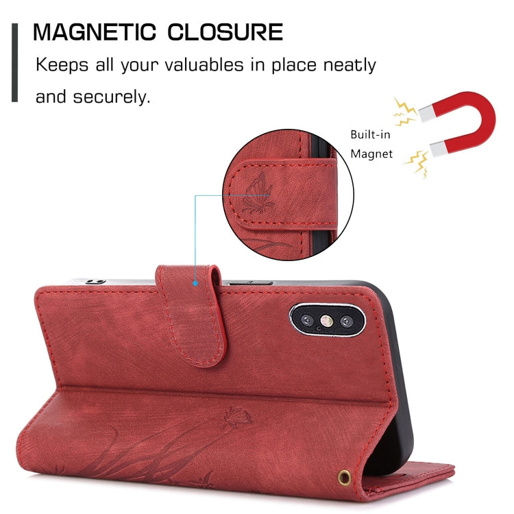 Red Orchid Butterfly Embossed Leather Phone Case for iPhone XS Max, showcasing its elegant design and functional features.